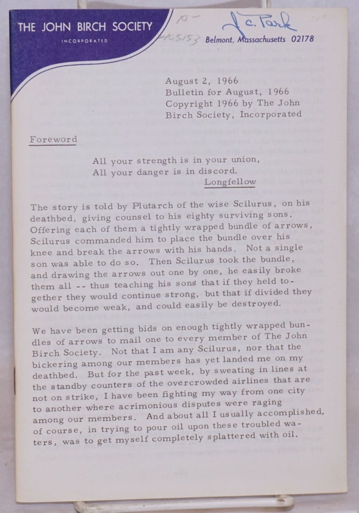 Cat.No: 105153 John Birch Society bulletin for August, 1966. Robert Welch.