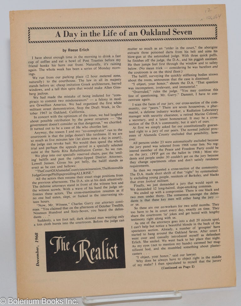 Cat.No: 106084 The realist [unnumbered supplement]; December, 1968. A day in the life of an Oakland Seven, by Reese Erlich. Paul Krassner, Reese Erlich, ed.
