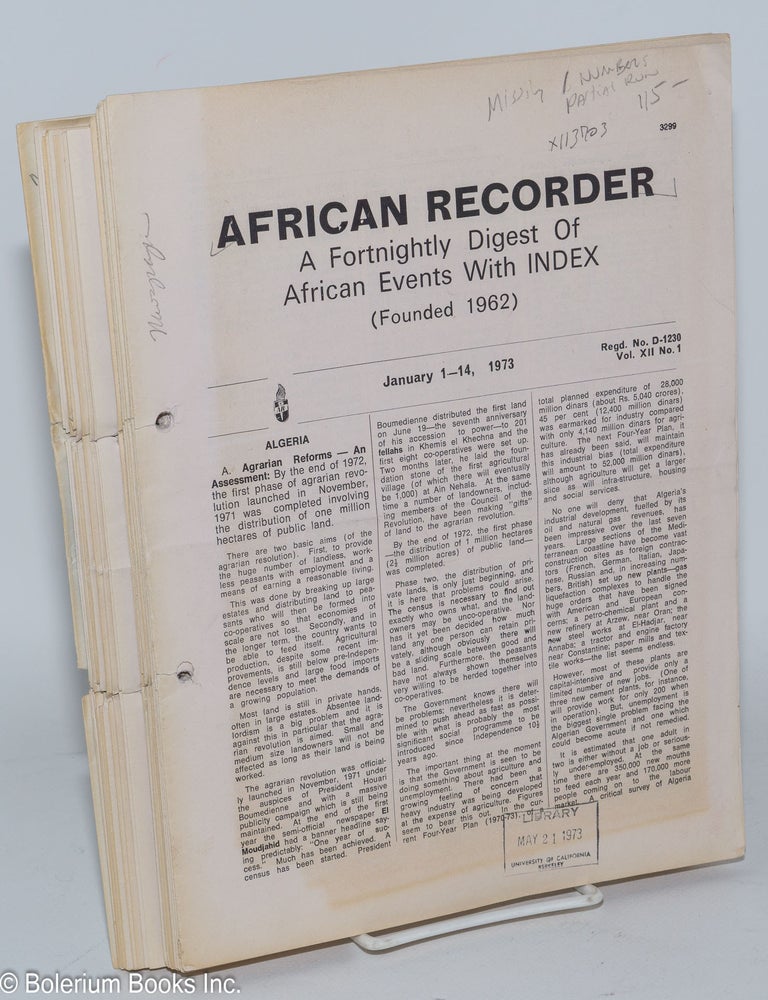 Cat.No: 113703 African Recorder; a fortnightly digest of African events with index (founded 1962) vol. xii no. 1 through 26 plus supplement missing number 4