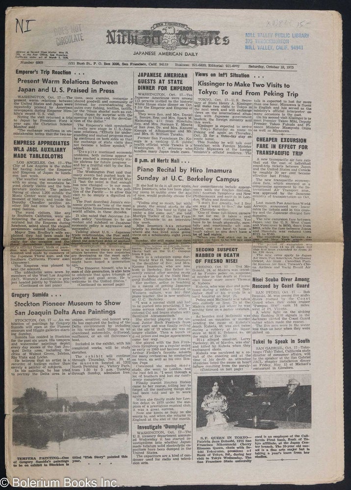 Cat.No: 113824 San Francisco Nichi Bei Times; Japanese American Daily number 6869 Saturday, October 18, 1975