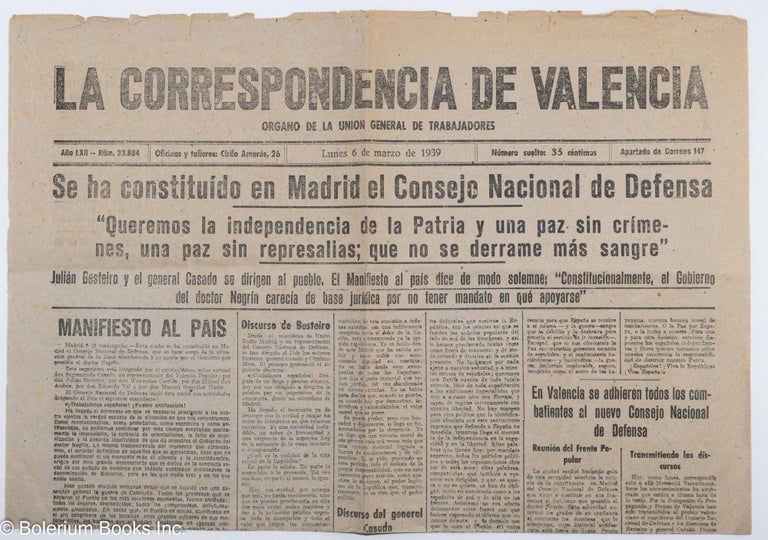 Cat.No: 117739 La Correspondencia de Valencia; organo de la Union General de Trabajadores, año LXII, núm. 23, 894, lunes 6 de marzo de 1939