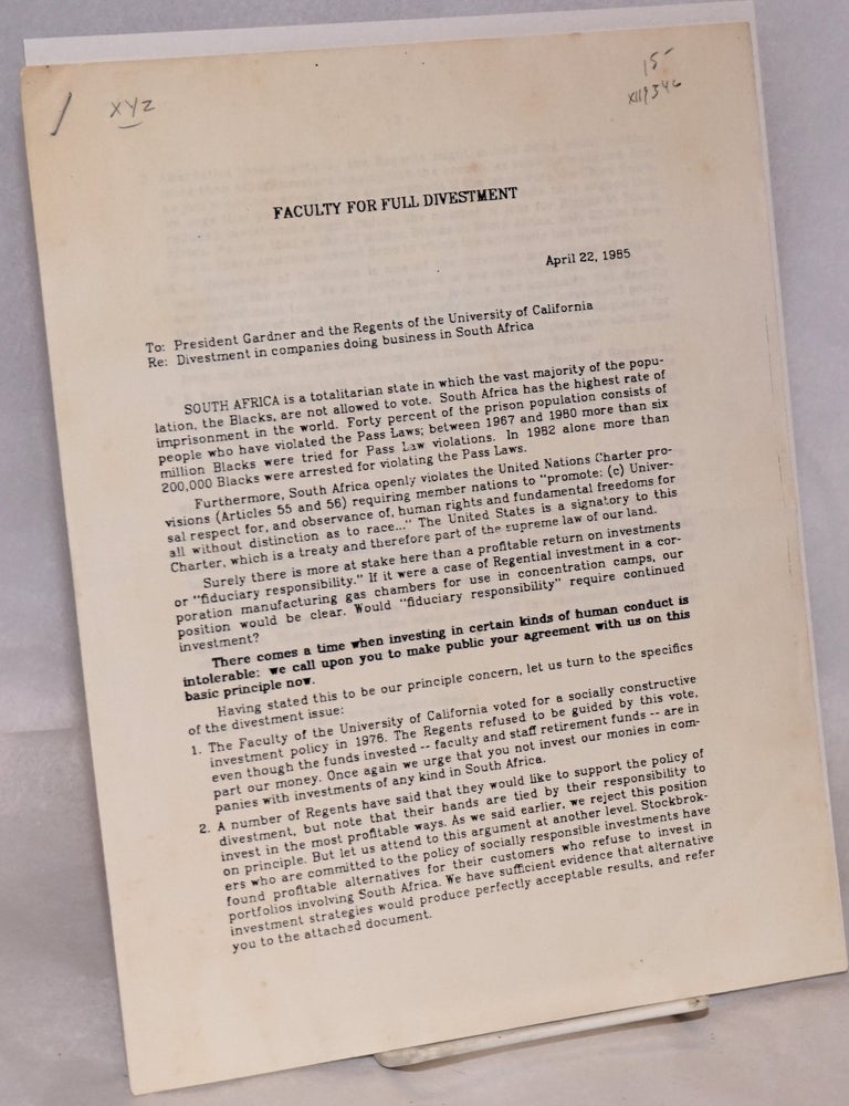 Cat.No: 119546 Faculty for full divestment [letter of April 22, 1985]