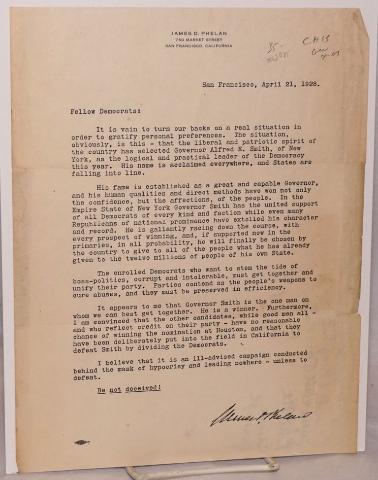Cat.No: 123485 Letter to Fellow Democrats; San Francisco, April 21, 1928. James D. Phelan.