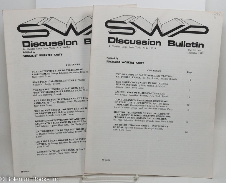 Cat.No: 128958 SWP discussion bulletin, vol. 32, no. 1, December 1973 and no. 2, December 1973. Socialist Workers Party.