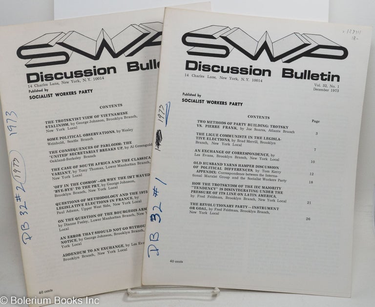 Cat.No: 129311 SWP discussion bulletin, vol. 32, no. 1, December 1973 and no. 2, December 1973. Socialist Workers Party.