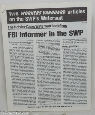 Cat.No: 129317 Two Workers Vanguard articles on the SWP's Watersuit. The Heisler Case:...