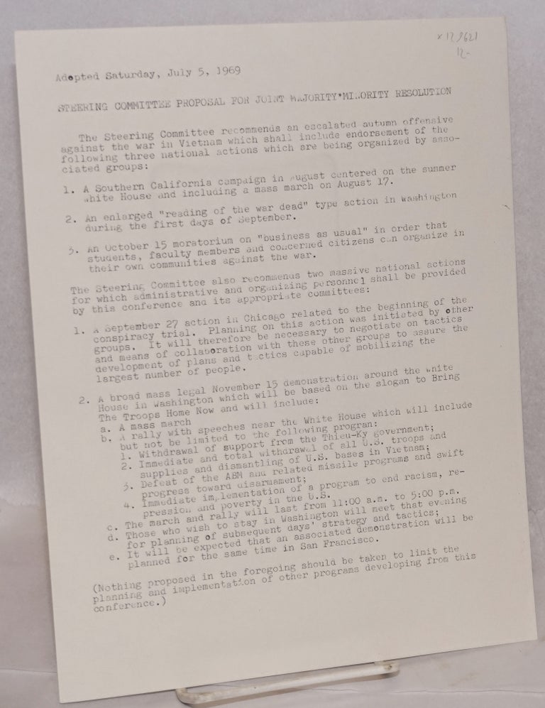 Cat.No: 129621 Steering Committee proposal for joint majority-minority resolution, adopted Sunday, July 5, 1969. Cleveland Area Peace Action Council.
