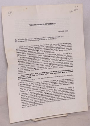 Cat.No: 130224 Faculty for Full Divestment: letter dated April 22, 1985