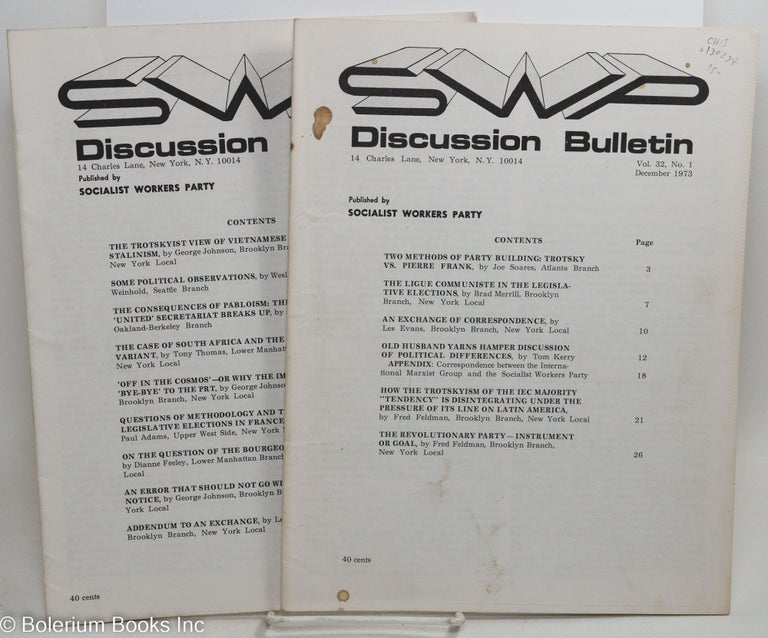 Cat.No: 130294 SWP discussion bulletin, vol. 32, no. 1, December 1973 and no. 2, December 1973. Socialist Workers Party.