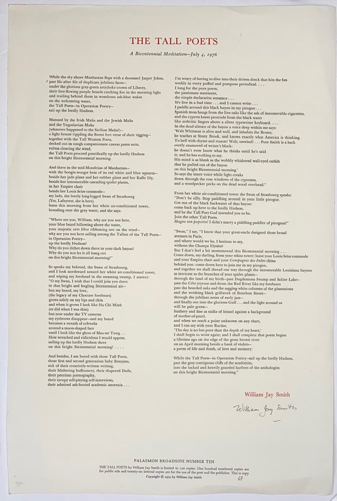 Cat.No: 131682 The tall poets; a Bicentennial meditation - July 4, 1976 [signed broadside]. William Jay Smith.