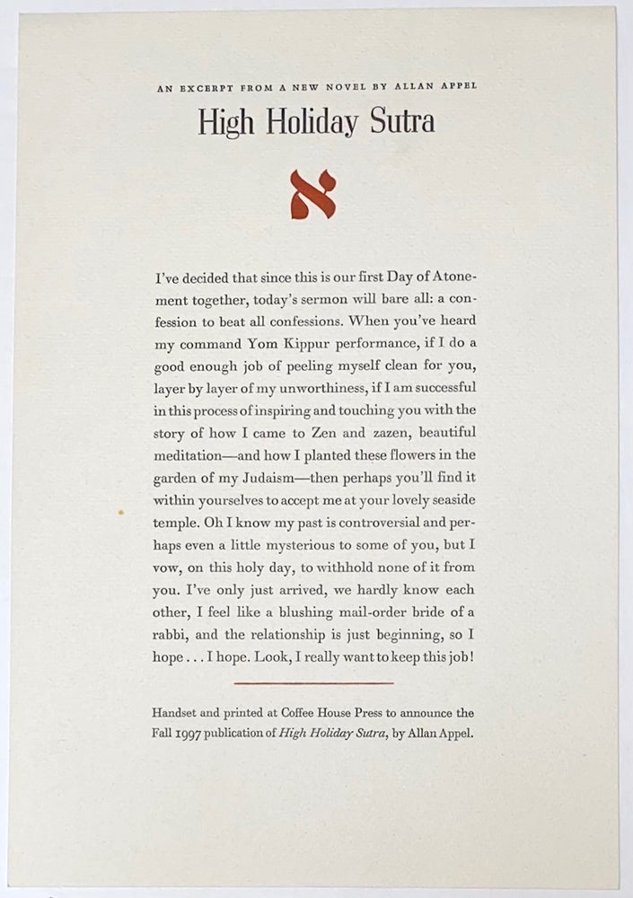 Cat.No: 131686 An excerpt from a new novel by Allan Appel: High Holiday Sutra [broadside]. Allan Appel.
