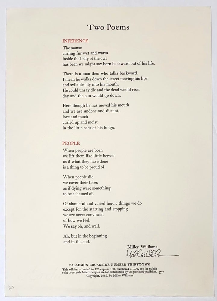 Cat.No: 131694 Two poems [signed broadside]. Miller Williams.