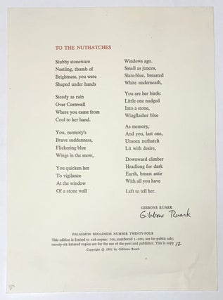 Cat.No: 131697 To the nuthatches [signed broadside]. Gibbons Ruark