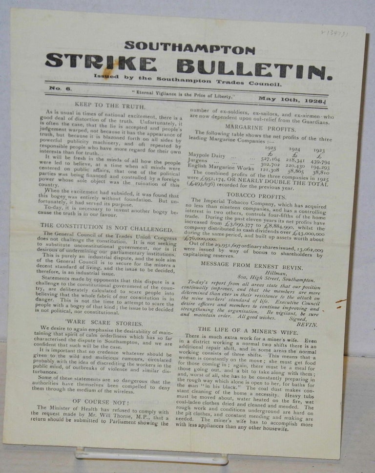 Cat.No: 134791 Southampton Strike Bulletin. No 6 (May 10th, 1926)