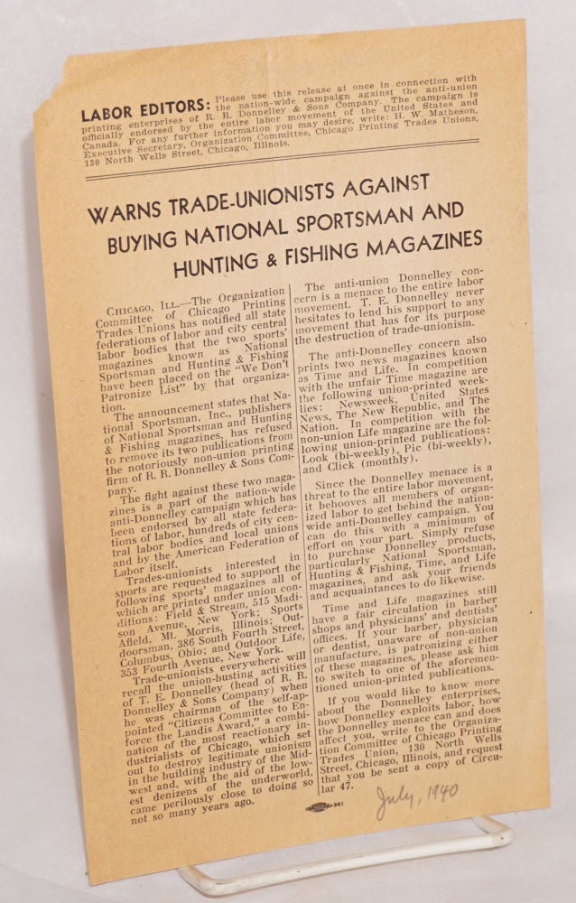 Cat.No: 140670 Warns trade-unionists against buying National Sportsman and Hunting & Fishing magazines. Organizational Committee of Chicago Printing Trades Unions.