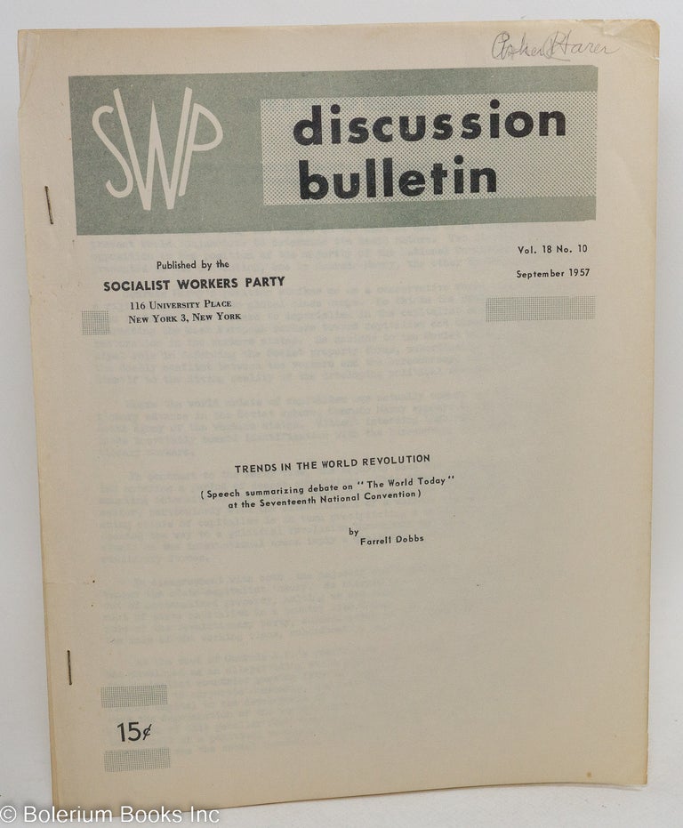 Cat.No: 146531 SWP discussion bulletin, vol. 18, no. 10 [sic], (September 1957). Socialist Workers Party.