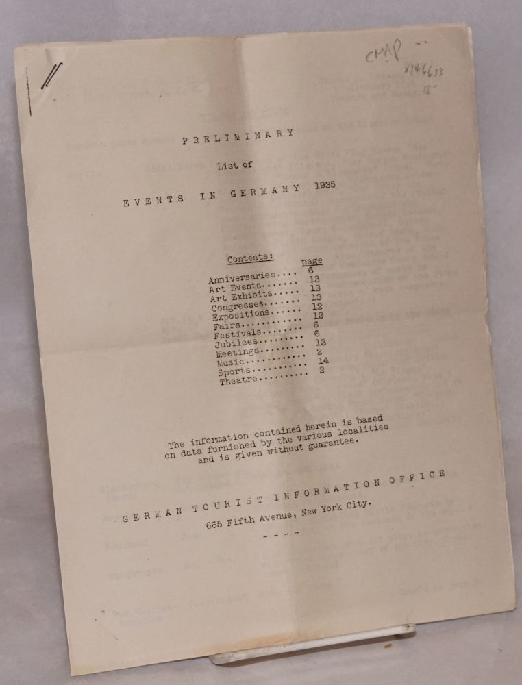 Cat.No: 146633 Preliminary list of events in Germany, 1935. German Tourist Information Office.