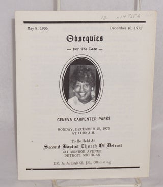 Cat.No: 147686 Obesquies for the late Geneva Carpenter Parks; Monday, December 15, 1975...