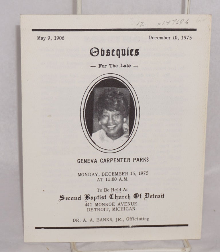 Cat.No: 147686 Obesquies for the late Geneva Carpenter Parks; Monday, December 15, 1975 .... Second Baptist Church of Detroit ...