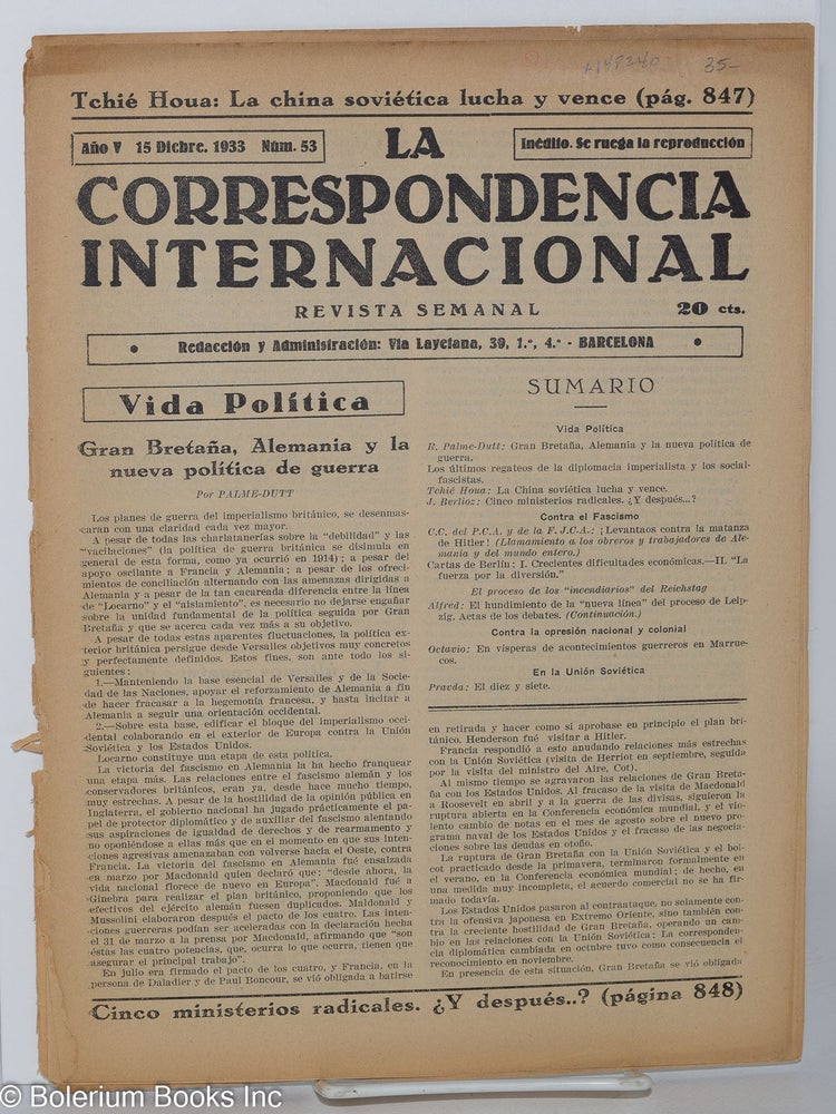 Cat.No: 148240 La correspondencia internacional; revista semanal, año V, num. 53, 15 Dicbre. 1933