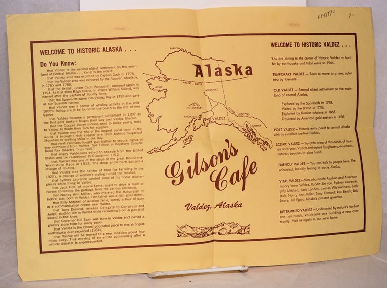 Cat.No: 148774 Gibson's Cafe: Valdez, Alaska [placemat]. Gibson's Cafe.