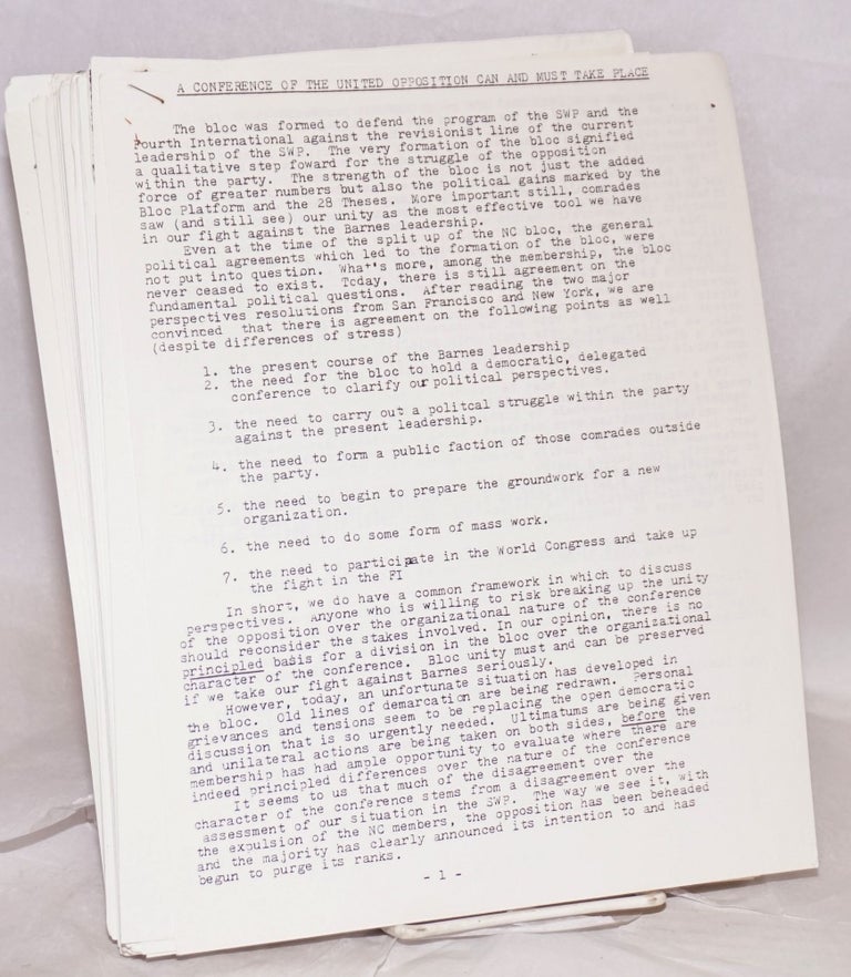 Cat.No: 152434 [Group of 31 documents from the 1983-84 internal strife that decimated the SWP and gave rise to new Trotskyist formations, including Socialist Action]. Socialist Workers Party Opposition.