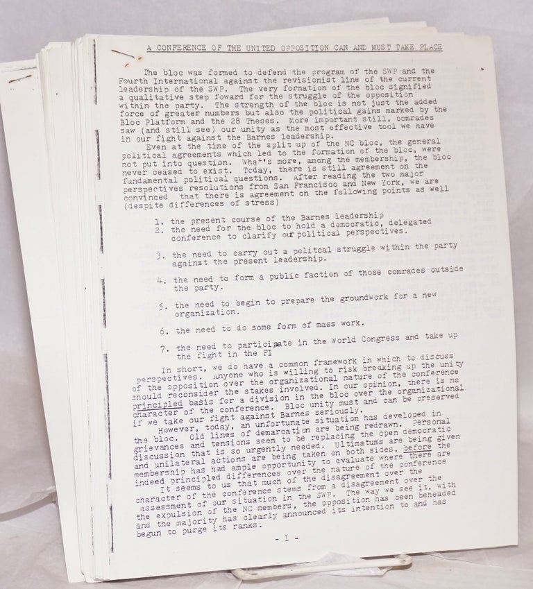 Cat.No: 152435 [Group of 18 documents from the 1983-84 internal strife that decimated the SWP and gave rise to new Trotskyist formations, including Socialist Action]. Socialist Workers Party Opposition.