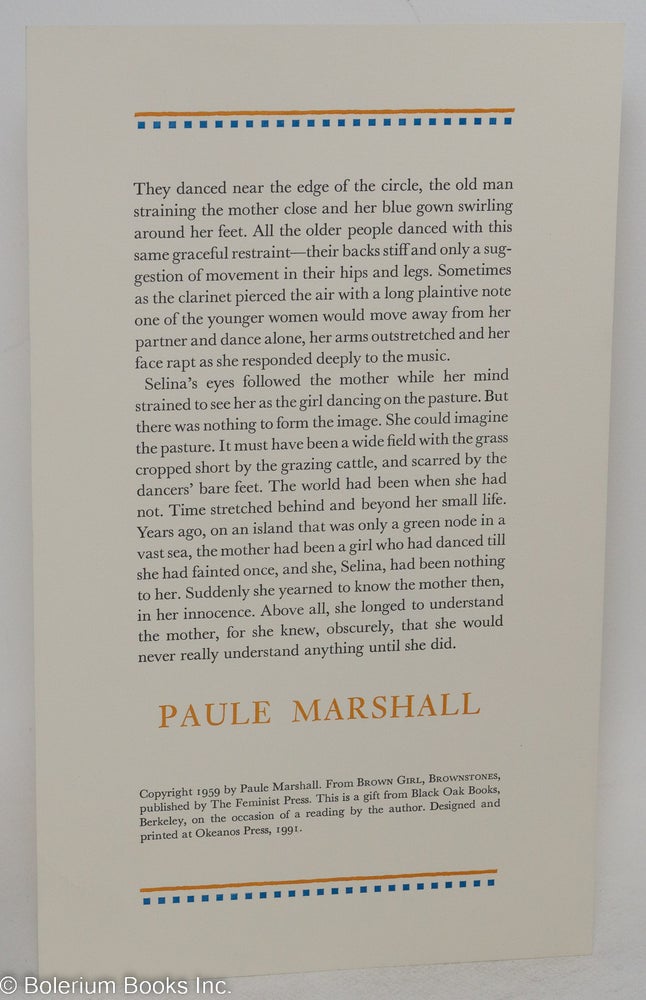 Cat.No: 152850 Excerpted passage from Brown girl,l Brownstones; broadside. Paule Marshall.