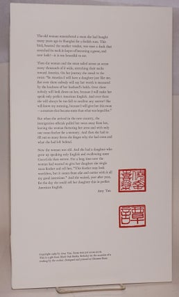 Cat.No: 152856 Excerpted passage from The Joy Luck Club; broadside. Amy Tan