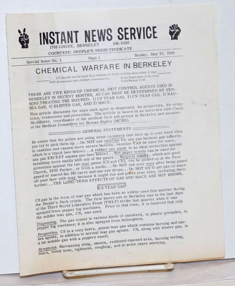 Cat.No: 157002 Instant News Service. Special issue no. 1 (May 25, 1969). Chemical warfare in Berkeley