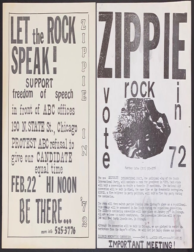 Cat.No: 158054 Let the Rock Speak! Support freedom of speech [together with] Zippie: Vote Rock in 72 [two handbills]