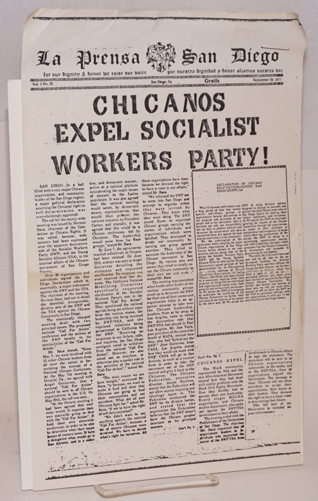 Cat.No: 162885 La Prensa San Diego: vol. 1, no. 32 September 29, 1977: Chicanos expel Socialist Workers Party! [handbill]