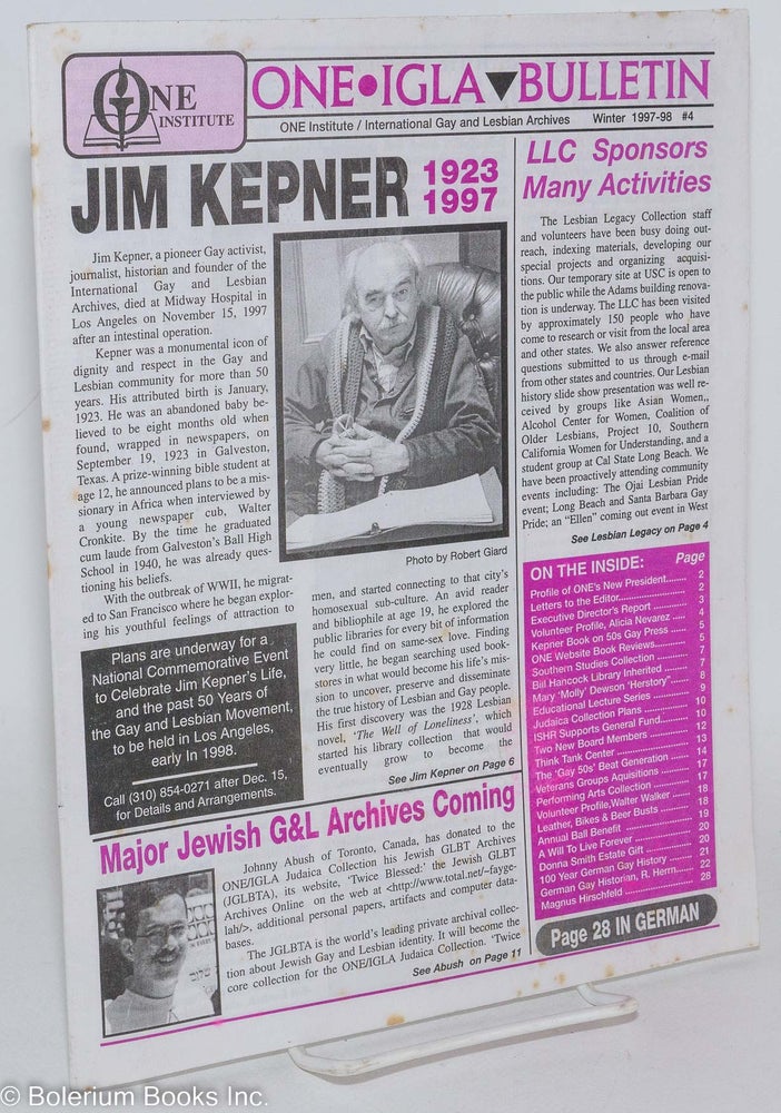 Cat.No: 164483 ONE IGLA Bulletin #4, Winter 1997-98; Jim Kepner 1923-1997. Jim Kepner, John O'Brien, Rev. Flo Fleischman.