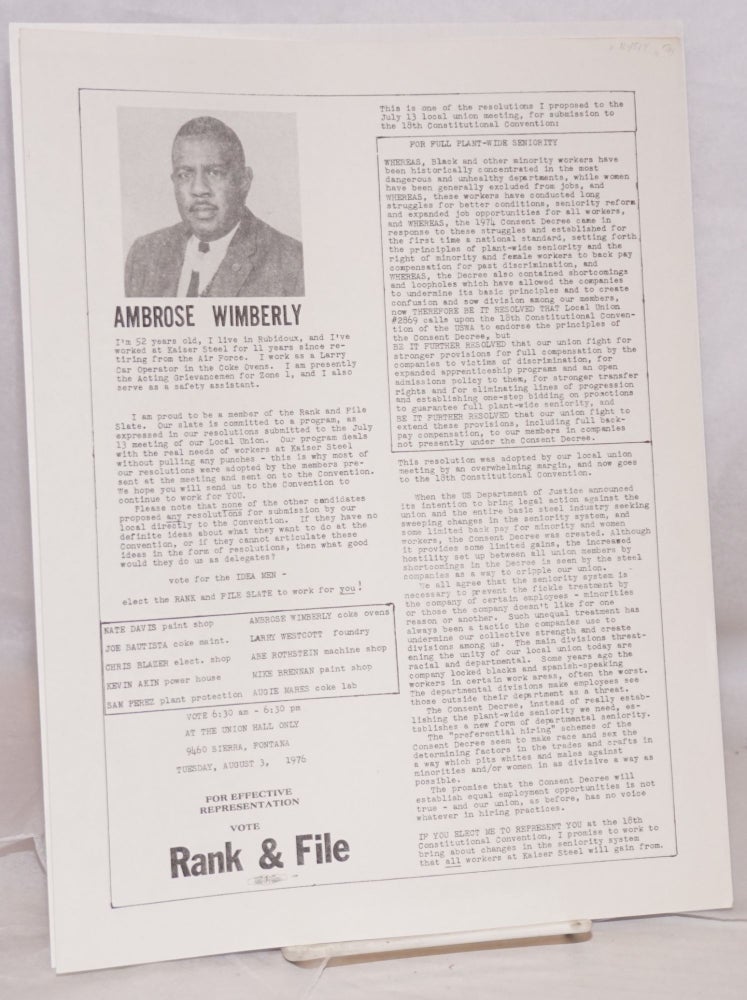 Cat.No: 164514 For effective representation, vote Rank and File [handbill]. Ambrose Wimberly.