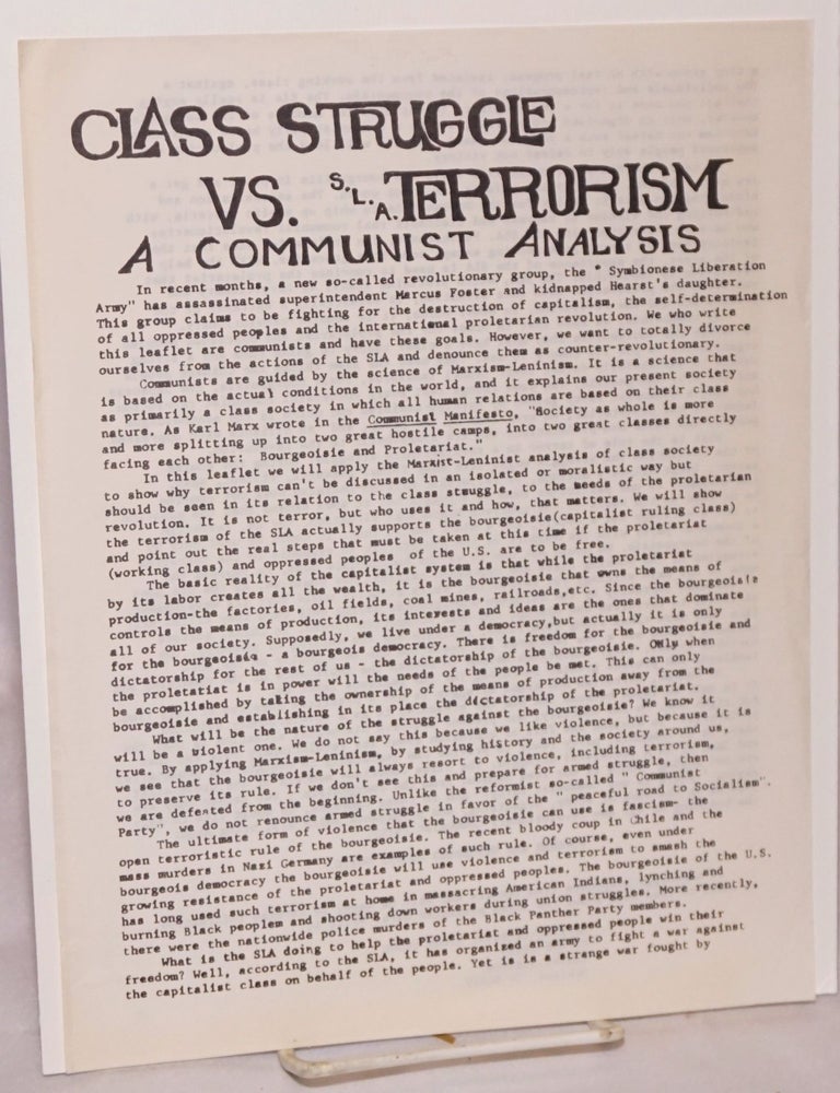 Cat.No: 167081 Class Struggle vs. SLA terrorism [handbill]. Marxist-Leninist Study Group.