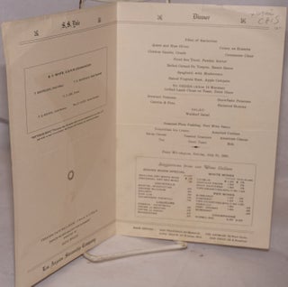 S.S. Yale, dinner: "souvenir menu." B. V. White, U.S.N.R. commander. From Wilmington [CA], Sunday, July 21, 1935