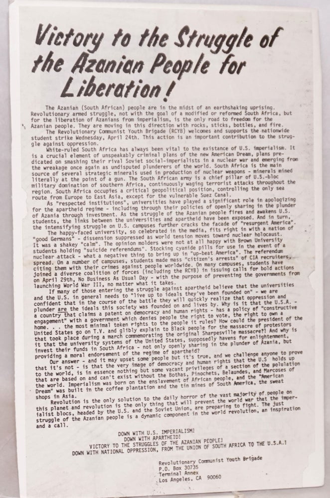 Cat.No: 168282 Victory to the struggle of the Azanian people for liberation! [handbill]. Revolutionary Communist Youth Brigade.
