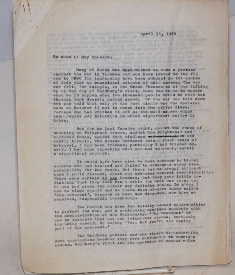 Cat.No: 168382 [Letter regarding violent demonstrations at University of California at Berkeley, 14 April 1966]. Walter Herbert.
