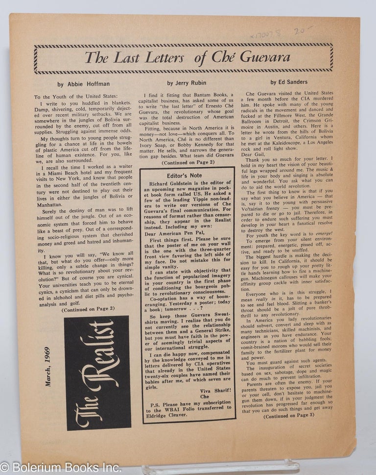 Cat.No: 170078 The last letters of Ché Guevara. The realist, March, 1969 [Supplement]. Paul Krassner, Ed Sanders, Jerry Rubin, Abbie Hoffman, Alan Whitney.