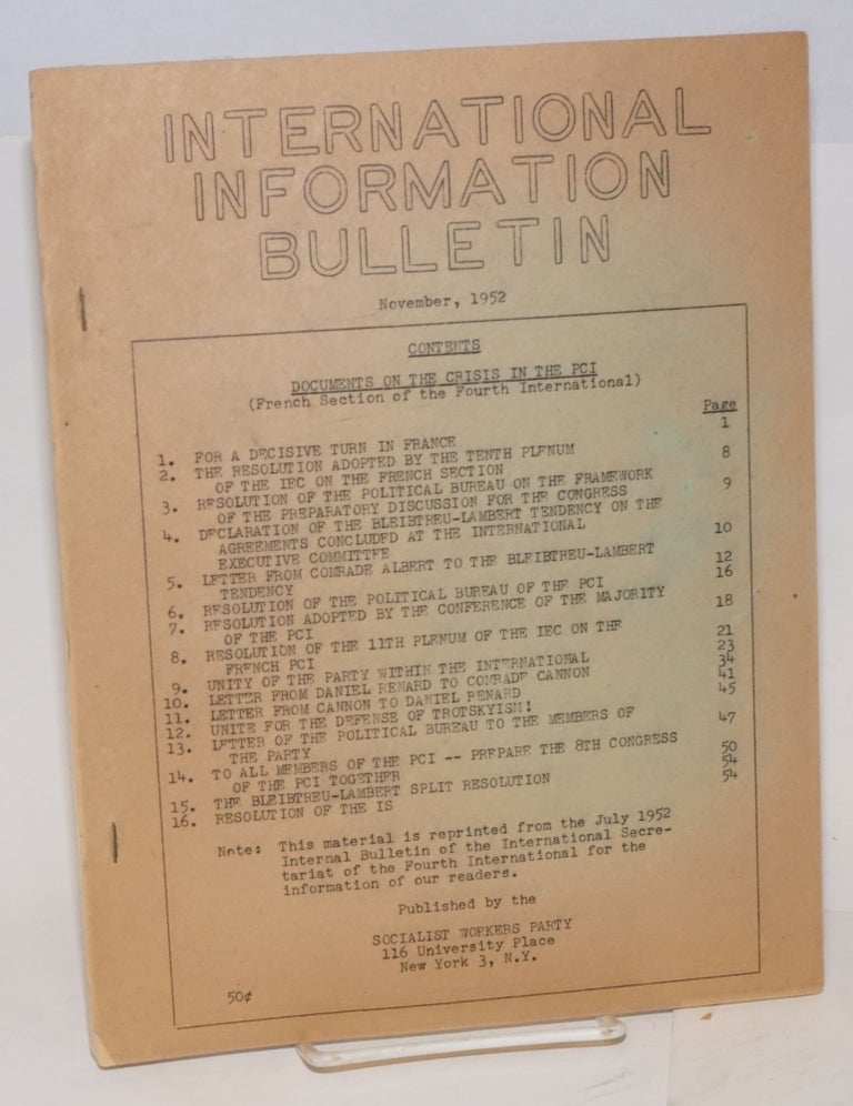 Cat.No: 173578 International information bulletin. (November 1952). Socialist Workers Party.