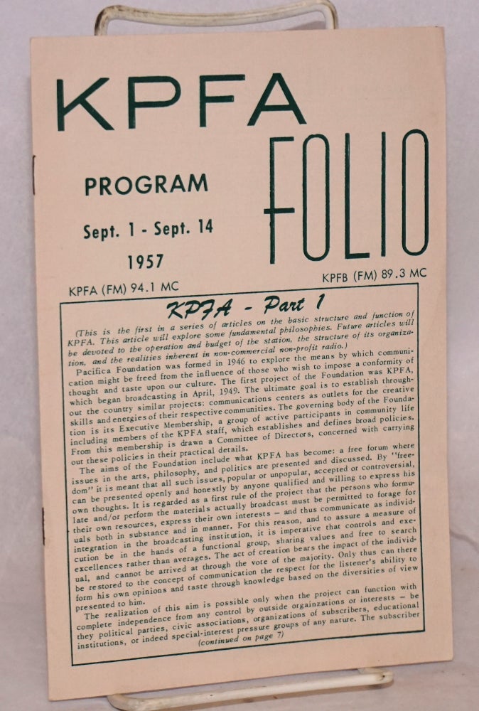 Cat.No: 174194 KPFA Folio: vol. 8, no. 12; program Sept. 1 - Sept. 14 1957 / KPFA (FM) 94.1 MC / KPFB (FM) 89.3 MC