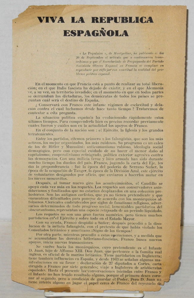 Cat.No: 174493 Viva la Republica Espagñola [handbill]. Jacques Barsac.