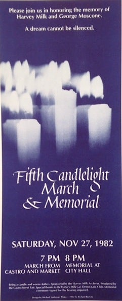 Cat.No: 177215 Fifth Candlelight March and Memorial: [leaflet] Saturday, Nov 27, 1982. Harvey Milk, George Moscone, Maichael Starkman, Richard Burton.
