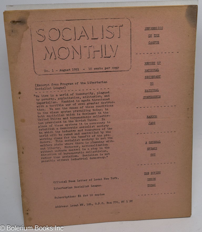 Cat.No: 178844 Socialist Monthly. Nos. 1/2 (Aug. - Sept. 1951)