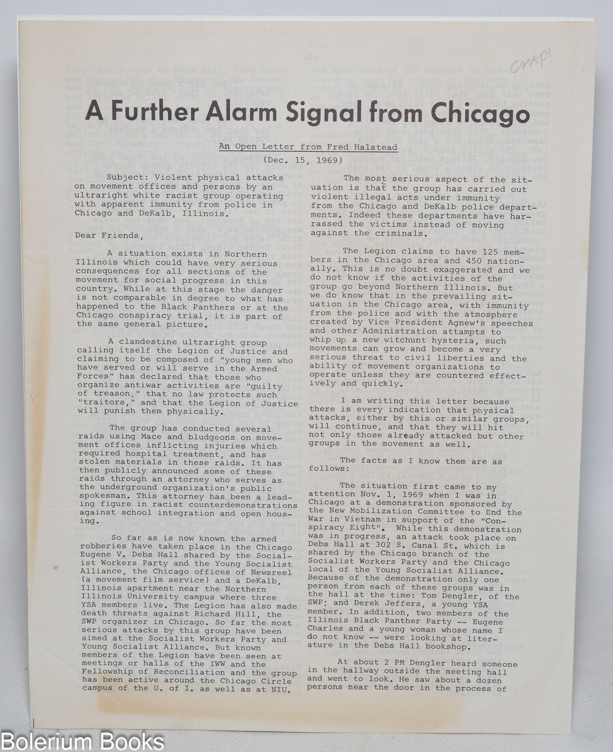 A further alarm signal from Chicago: an open letter from Fred Halstead ...