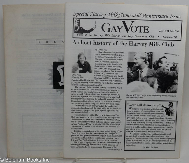 Cat.No: 182123 Gay Vote: vol. 12, #5/6, Summer 1989 special Harvey Milk/Stonewall Anniversary issue. Harvey Milk Lesbian, Gay Democratic Club.
