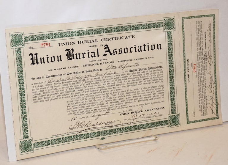 Cat.No: 182399 Union Burial Certificate. Union Burial Association.