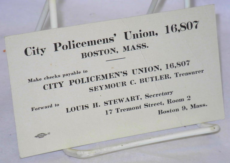Cat.No: 182448 City Policemen's Union, 16,807 Fund solicitation card. 16 City Policemen's Union, 807.