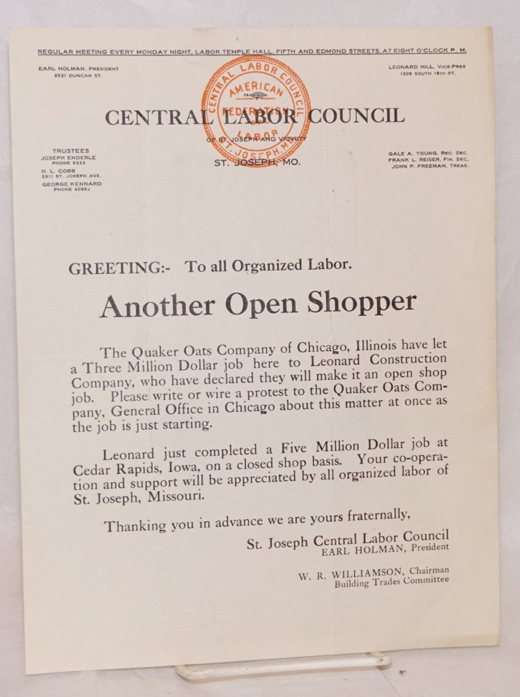 Cat.No: 182481 Greeting: To all organized labor. Another Open Shopper [handbill]. Central Labor Council of St. Joseph and Vicinity.