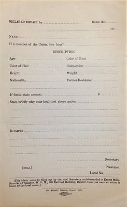 Declared unfair and fined: April 15, 1915 [handbill, together with a blank form for filing complaints]
